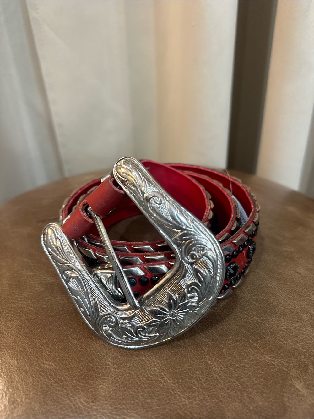 Kippys Red Leather Western Belt with Ornate Silver Buckle S/M - Picture 4 of 9
